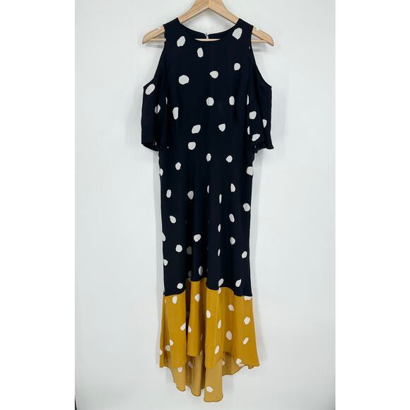 LK Bennett 100% Silk Leia Dress Polka Dot High Low Color Block Midi Maxi Blue - Picture 5 of 12